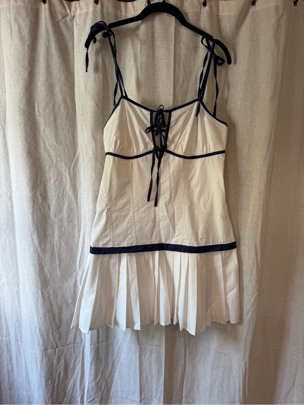 White Mini Dress with Navy Trim and Tie-Front Detail